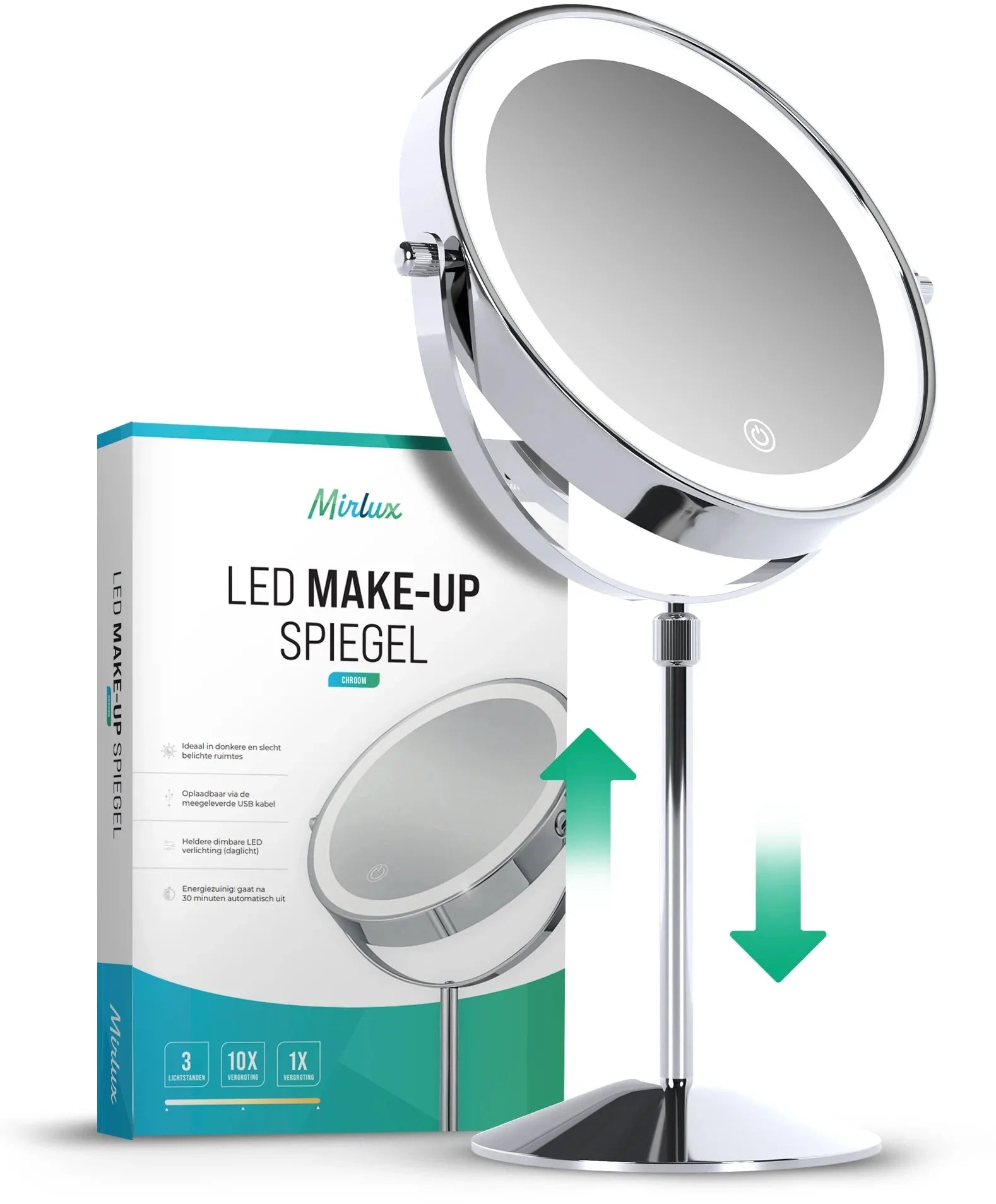 Makeup Mirror – Height Adjustable – Chrome – 1-10x Magnification
