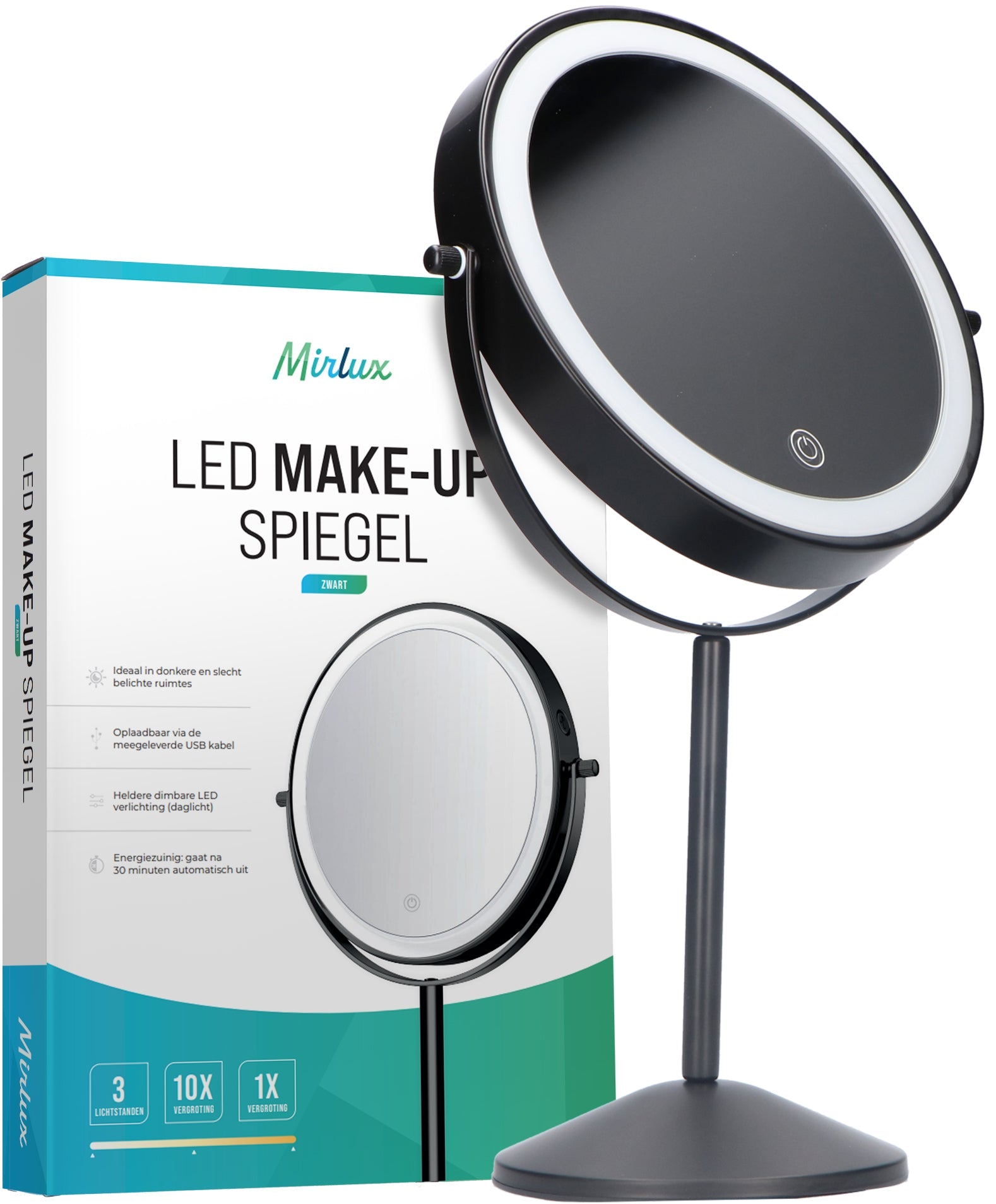 Makeup Mirror – Rechargeable – Black – 1–10× Magnification
