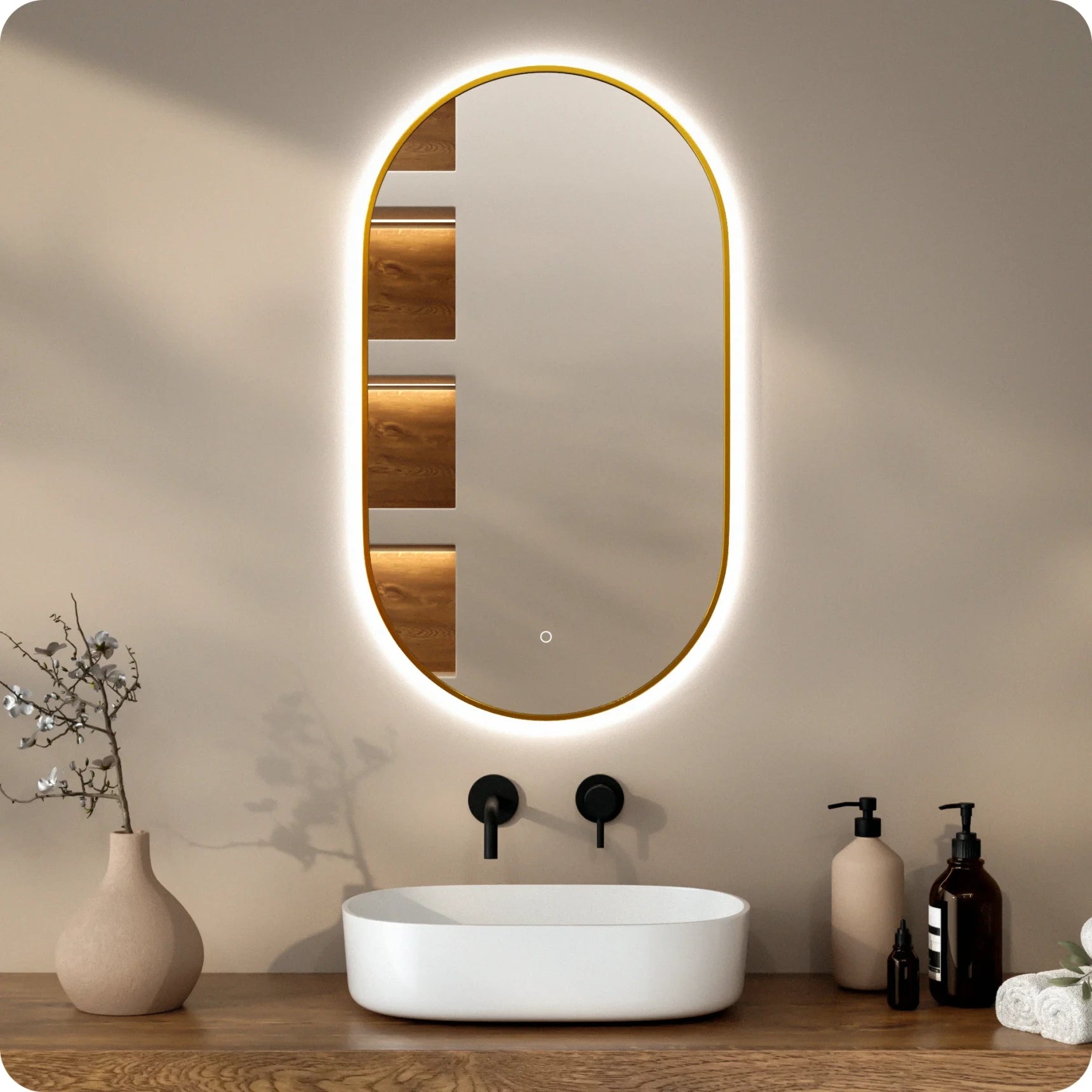 Bathroom mirror - 90x50cm Oval - Gold Frame