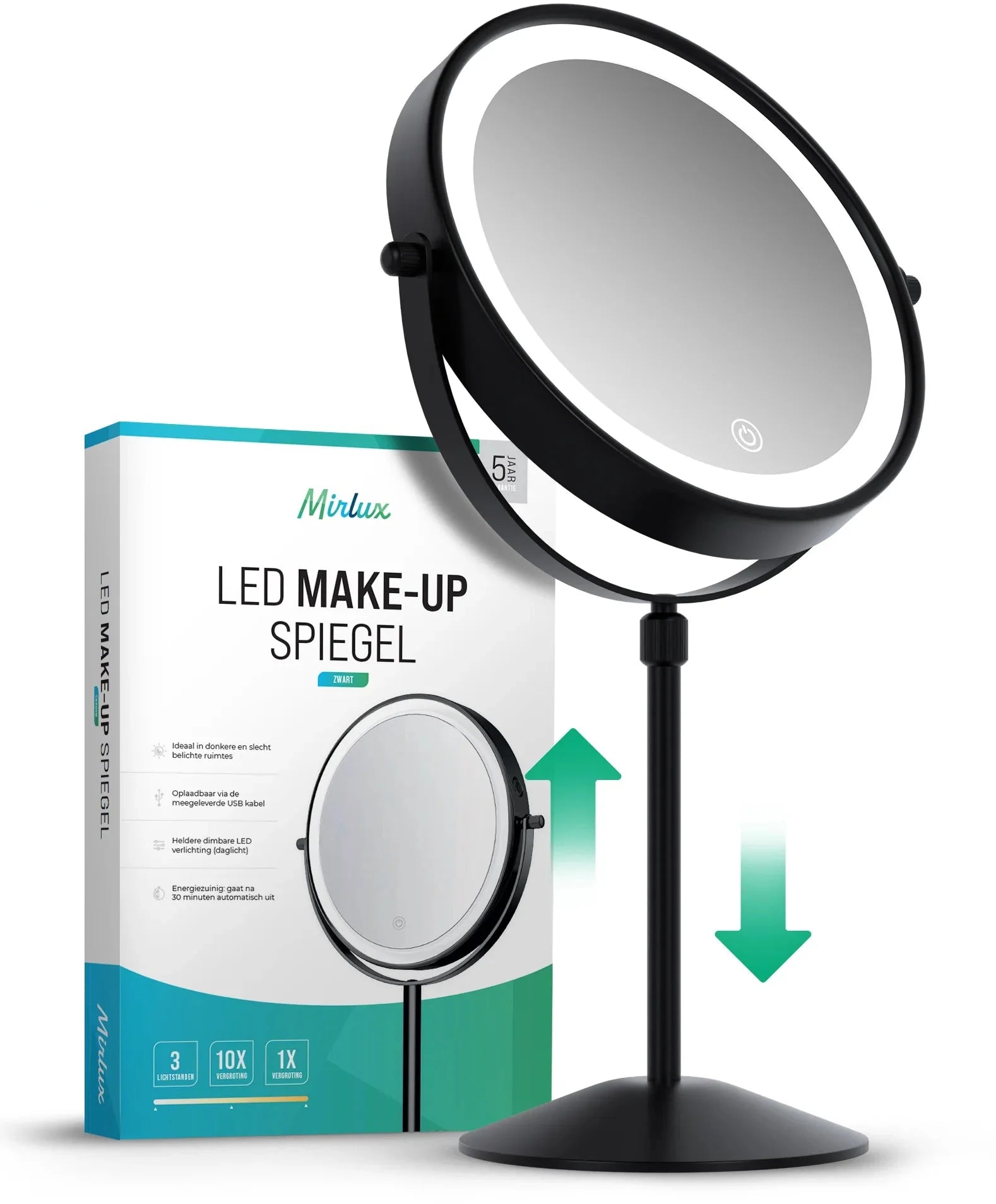 Makeup Mirror – Height Adjustable – Black – 1-10x Magnification