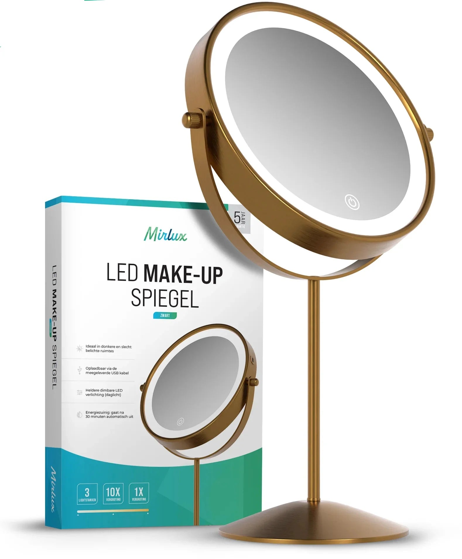 Make-Up Spiegel - Oplaadbaar - Goud - 1-10x Vergroting