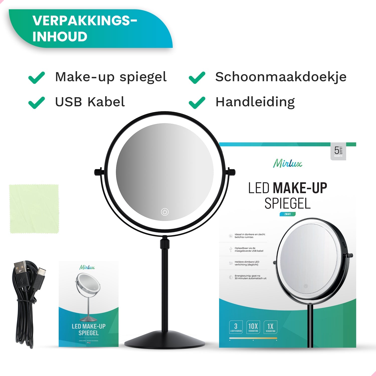 Makeup Mirror – Height Adjustable – Black – 1-10x Magnification