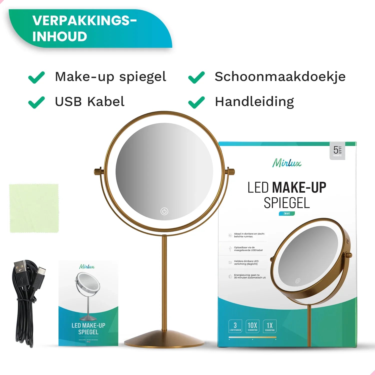 Make-Up Spiegel - Oplaadbaar - Goud - 1-10x Vergroting
