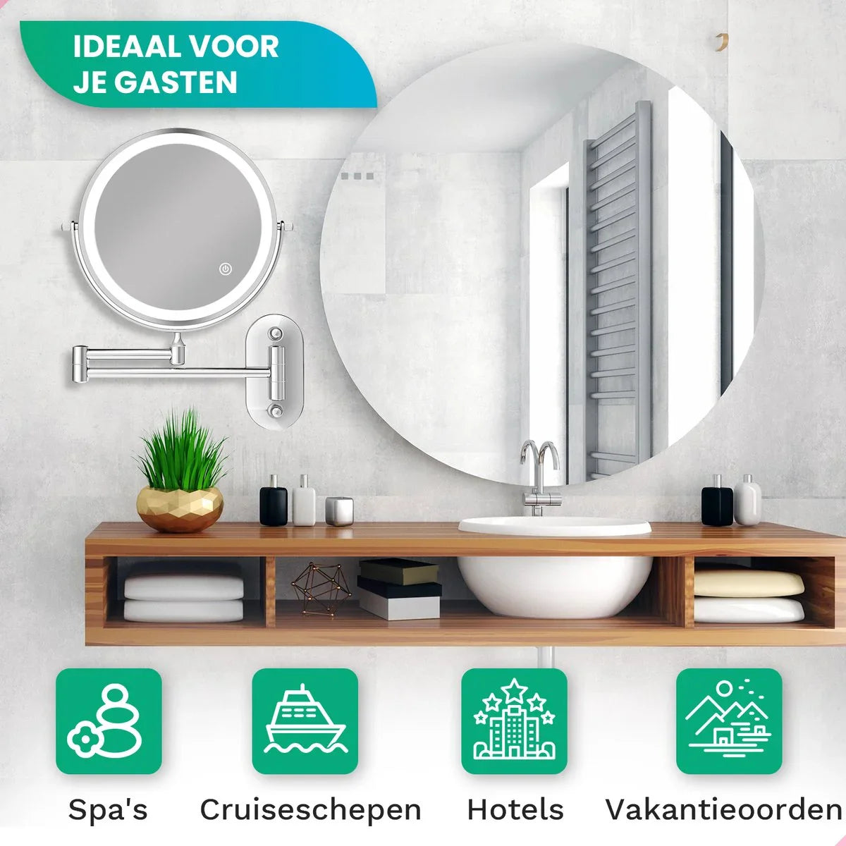 Make-Up Spiegel - Oplaadbaar - Chroom - 1-5x Vergroting