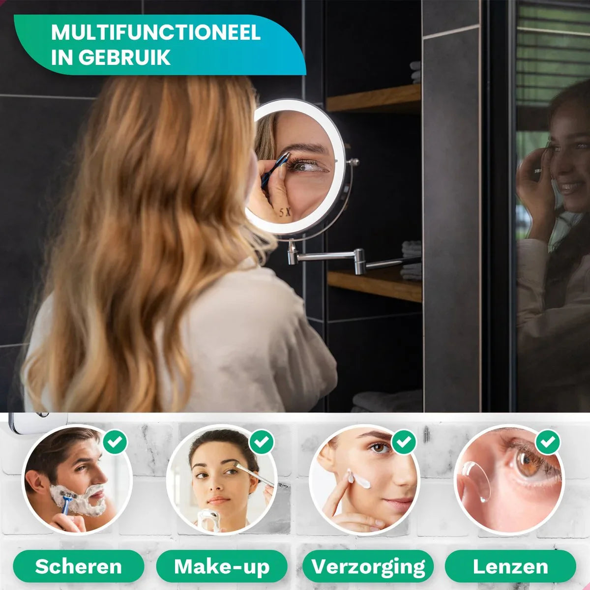 Make-Up Spiegel - Oplaadbaar - Chroom - 1-5x Vergroting