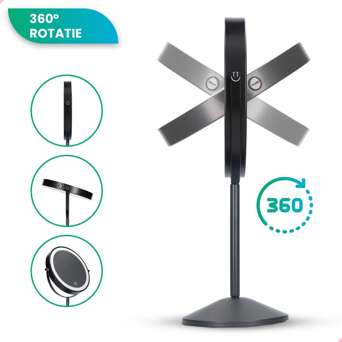 Makeup Mirror – Rechargeable – Black – 1–10× Magnification