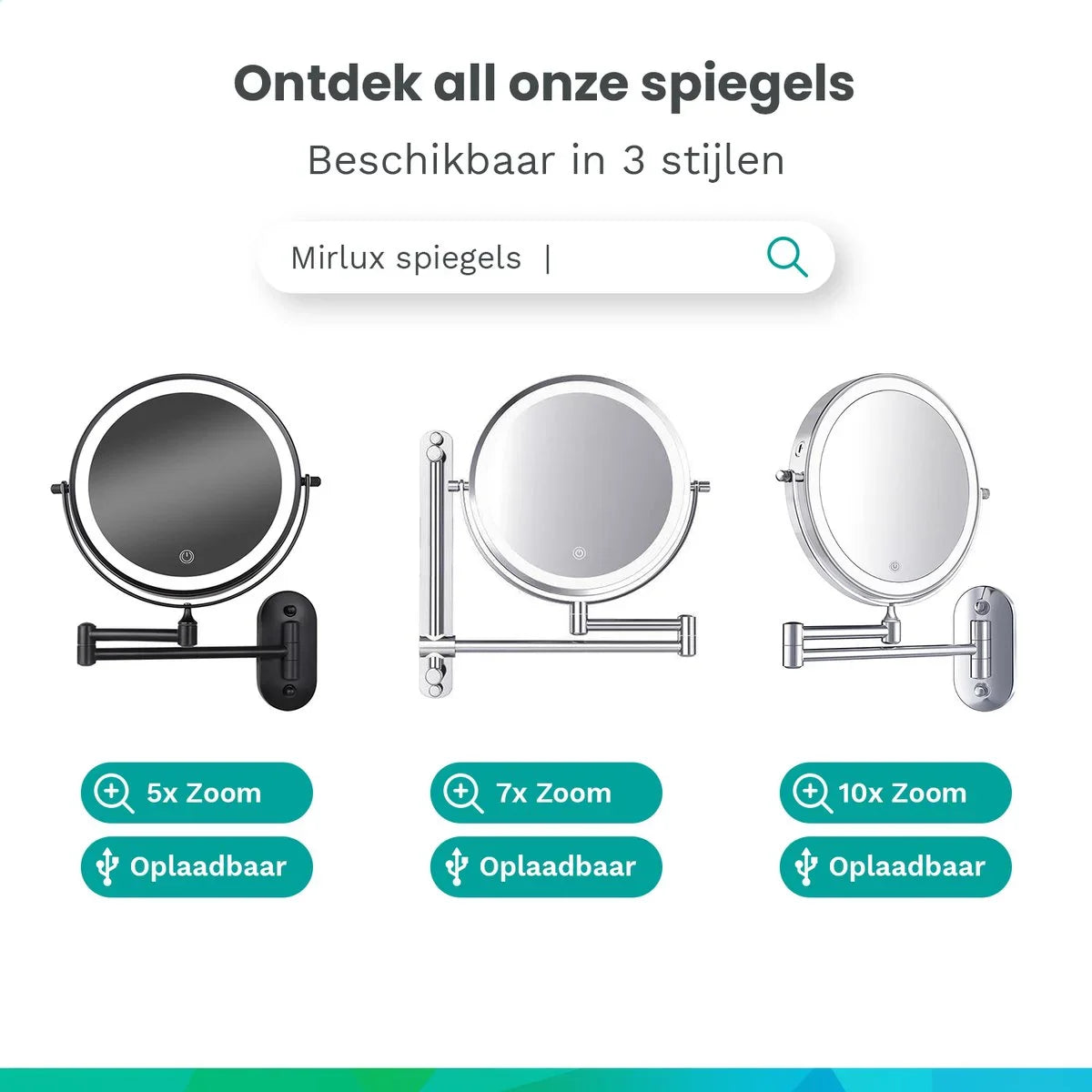 Makeup Mirror – Rechargeable – Chrome – 1-10x Magnification