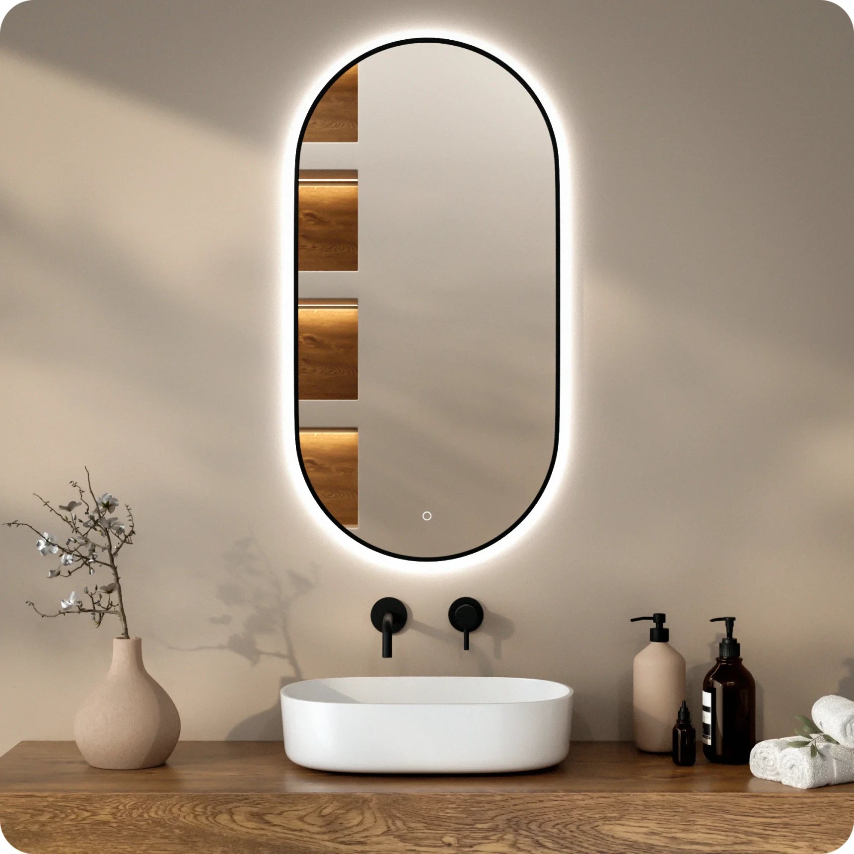 Bathroom mirror - 100x50cm Oval - Black Frame