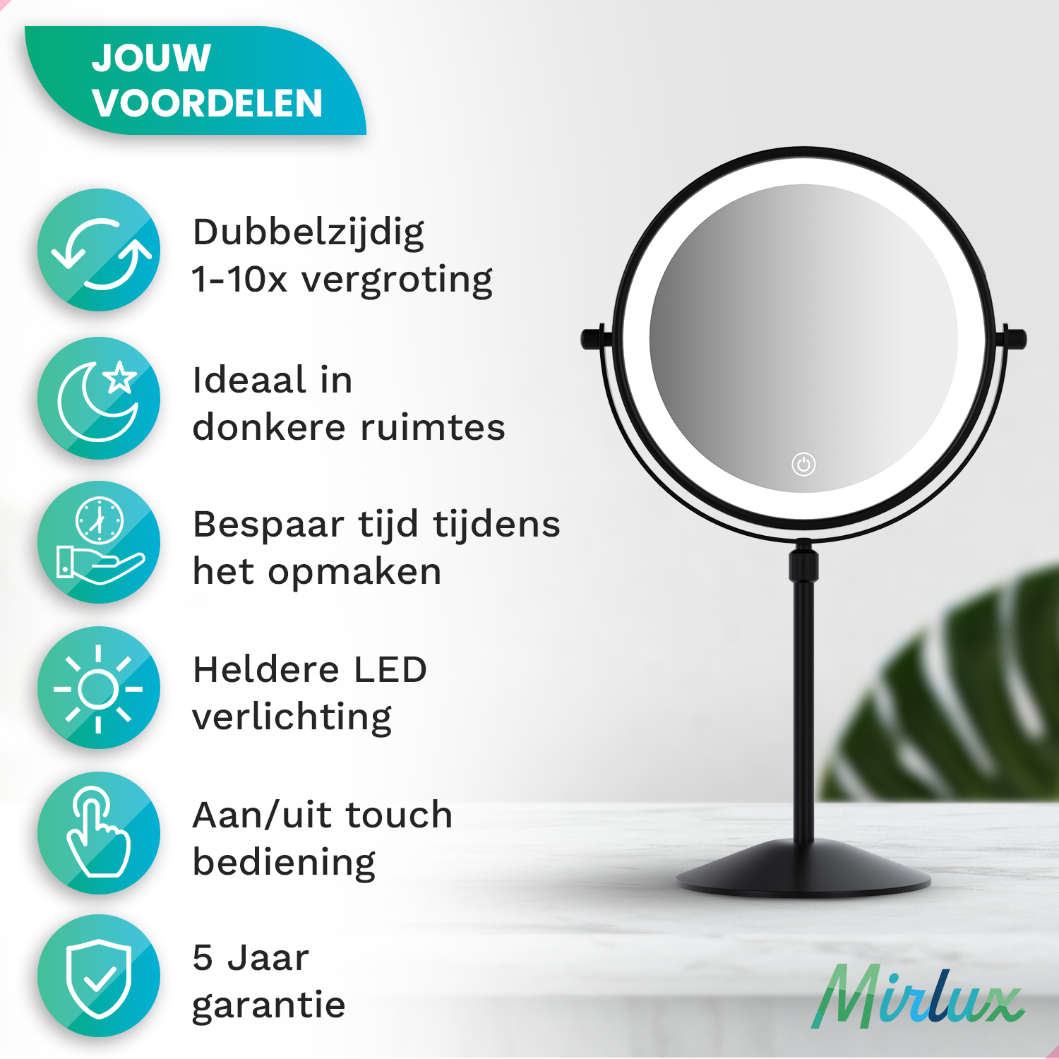 Makeup Mirror – Height Adjustable – Black – 1-10x Magnification