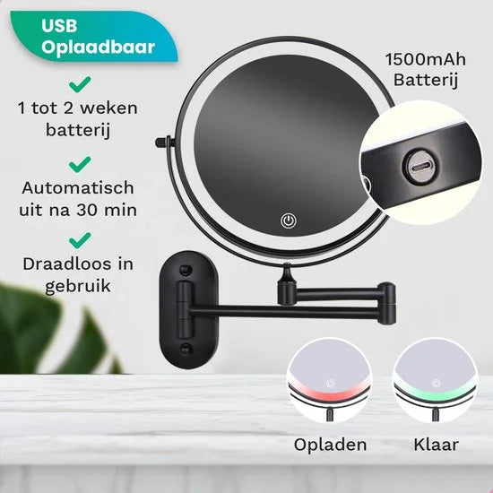 Makeup Mirror – Rechargeable – Black – 1-5x Magnification
