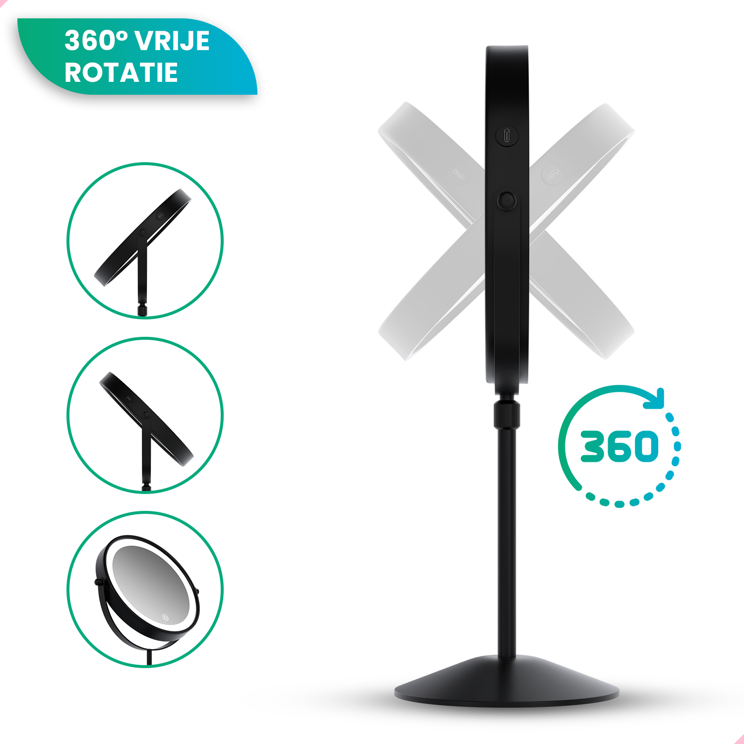 Makeup Mirror – Height Adjustable – Black – 1-10x Magnification