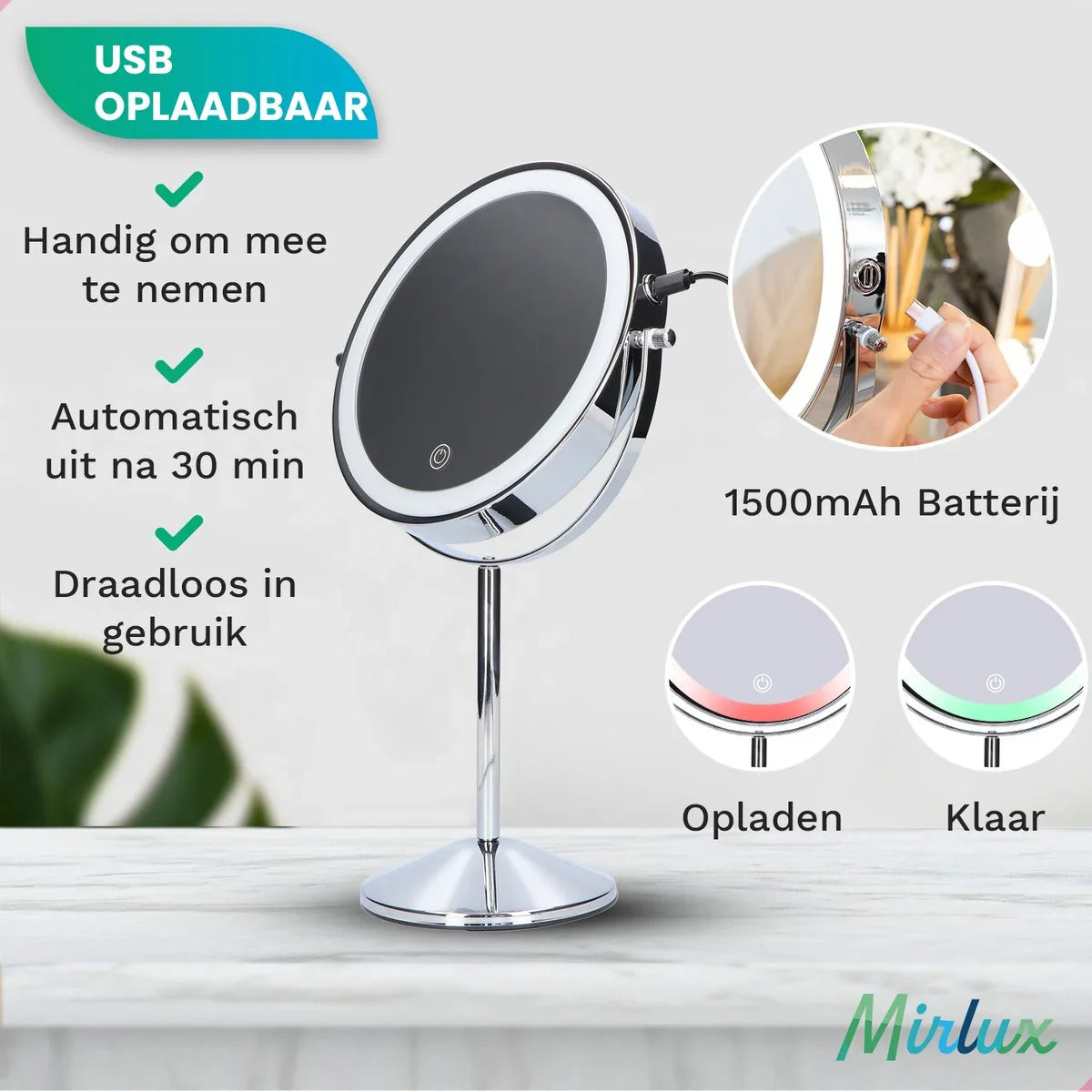 Makeup Mirror – Rechargeable – Chrome – 1-10x Magnification