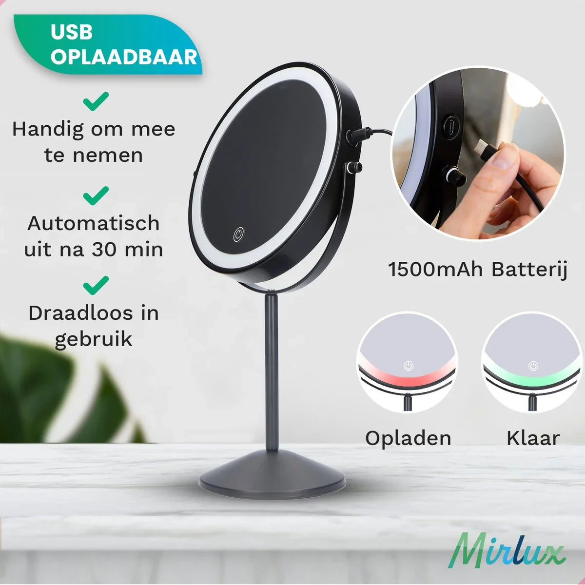 Makeup Mirror – Rechargeable – Black – 1–10× Magnification