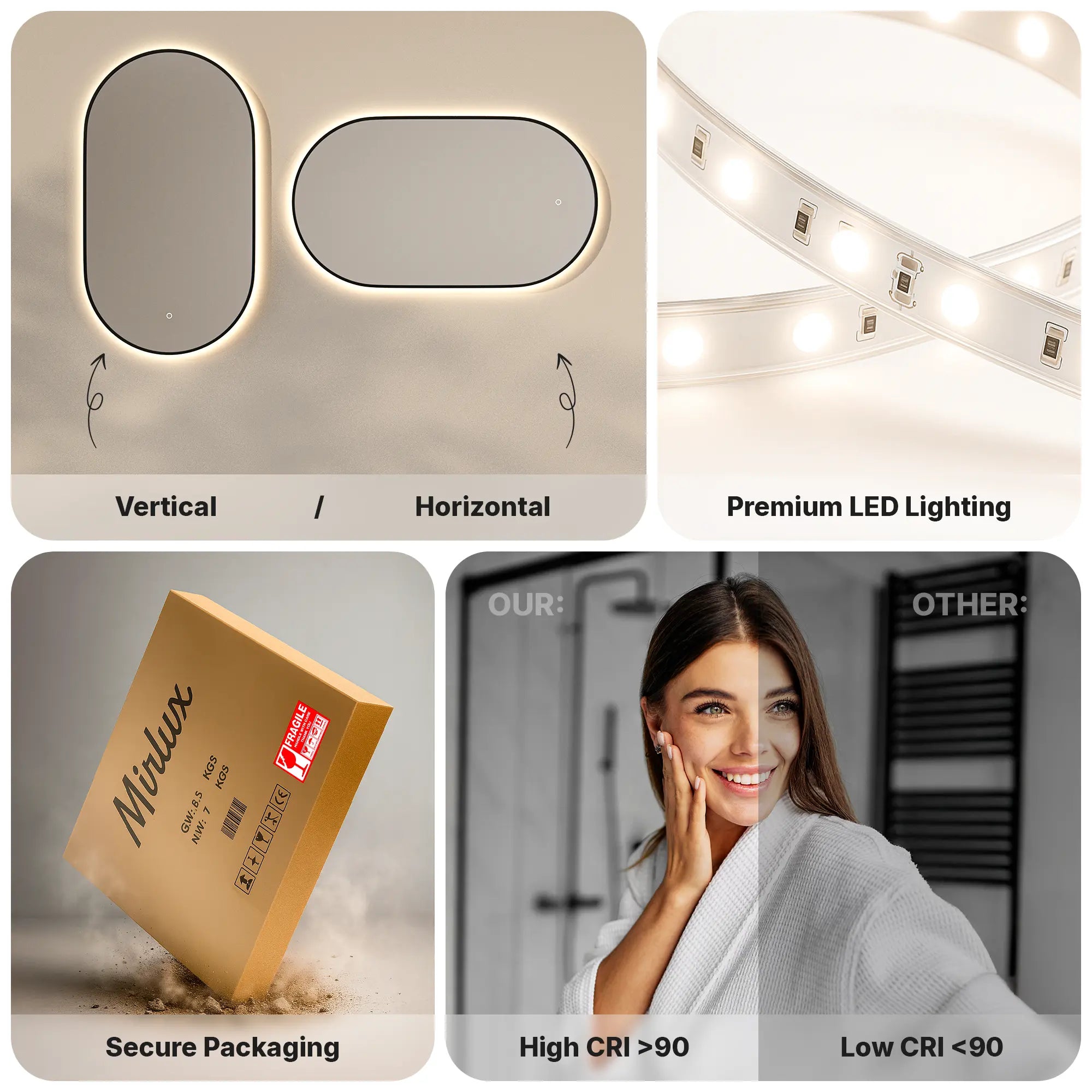 Bathroom mirror - 90x60cm Oval - Black Frame