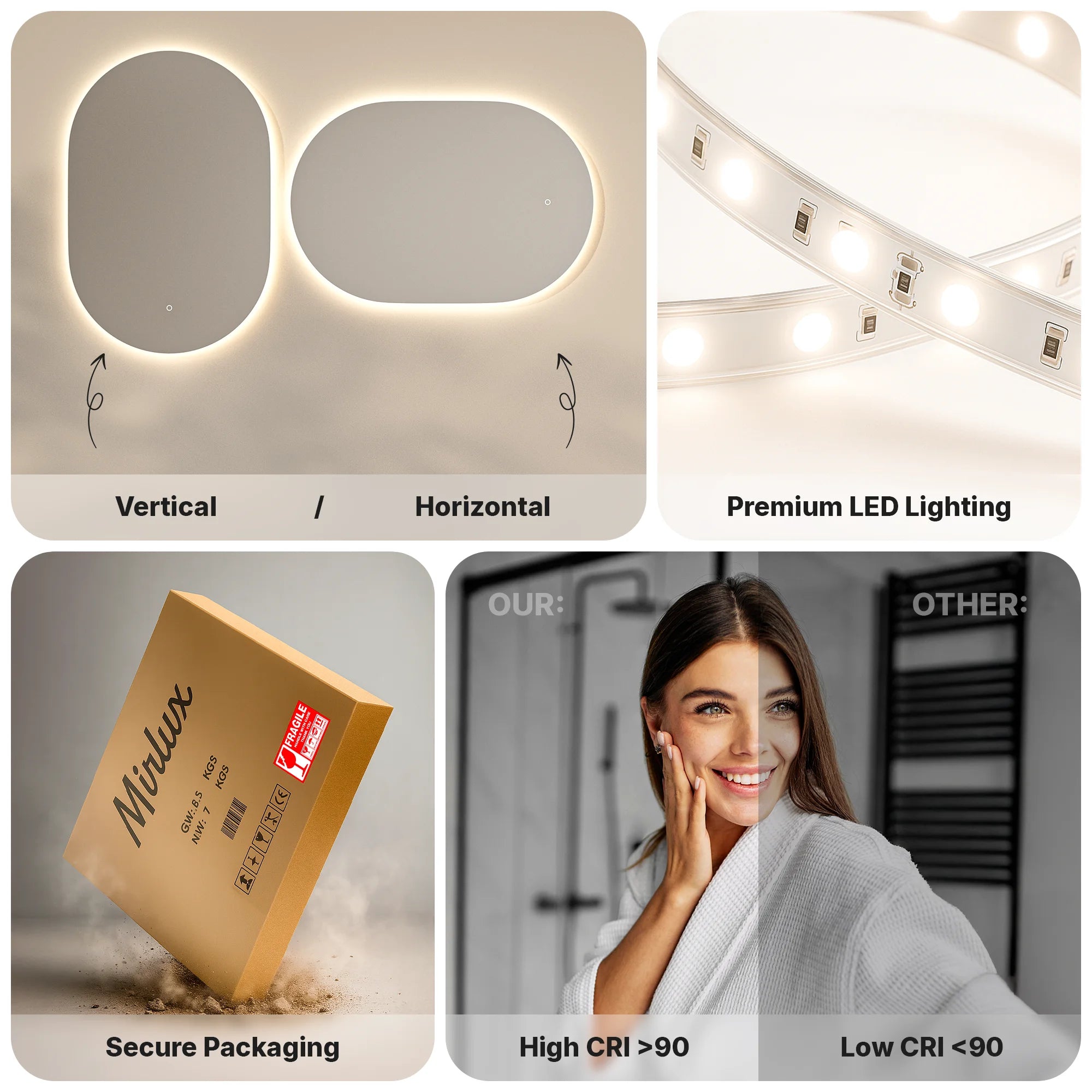 Bathroom mirror - 90x60cm Oval - Frameless