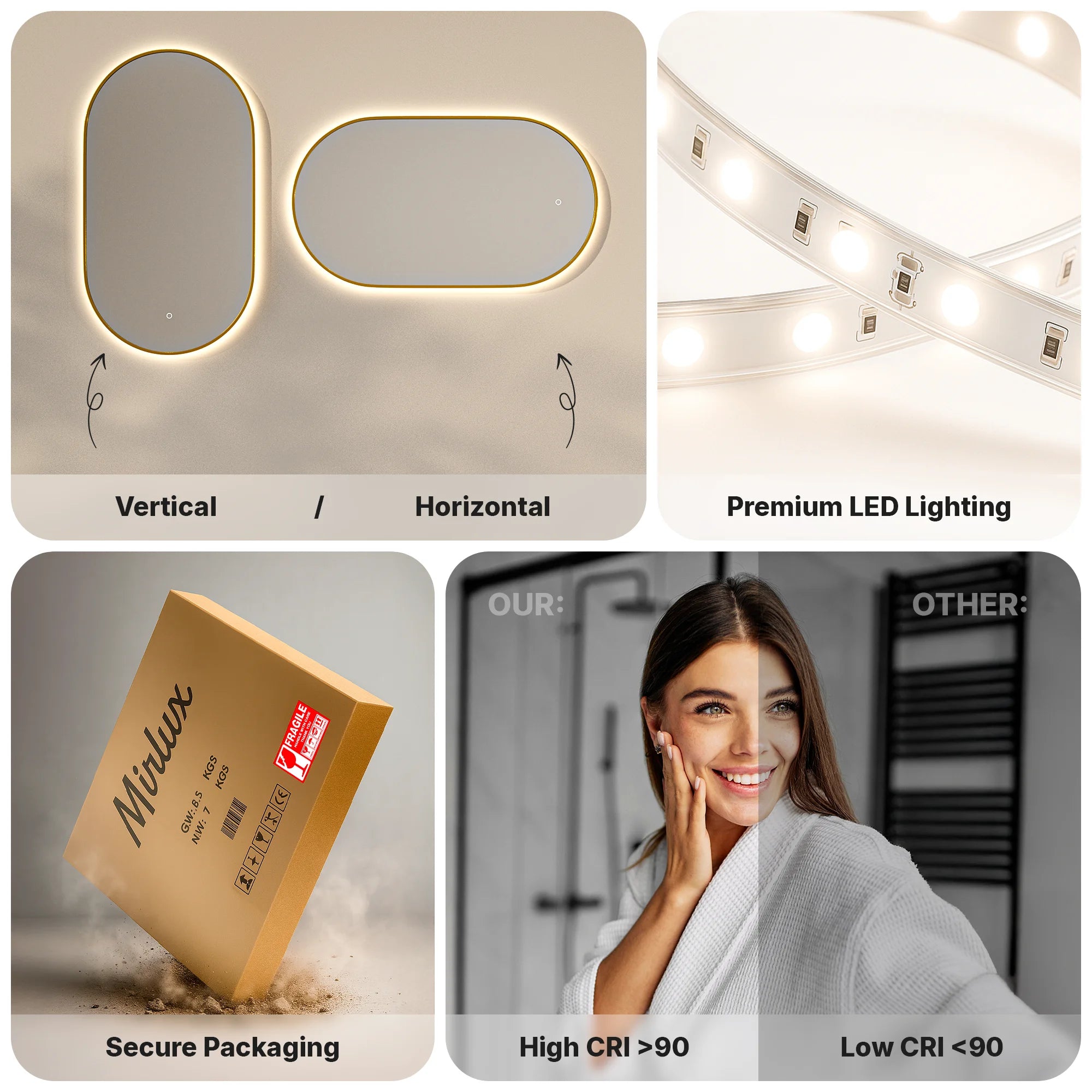 Bathroom mirror - 90x50cm Oval - Gold Frame