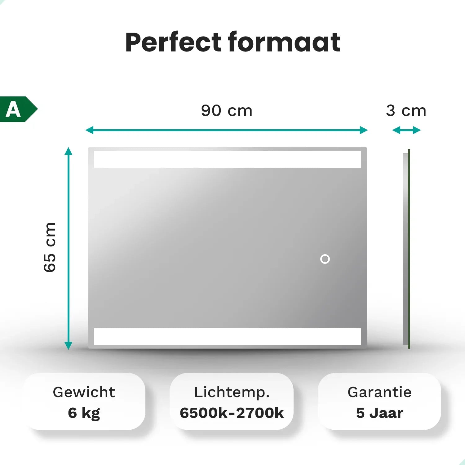 Bathroom mirror - 90x65cm Rectangular - Frameless