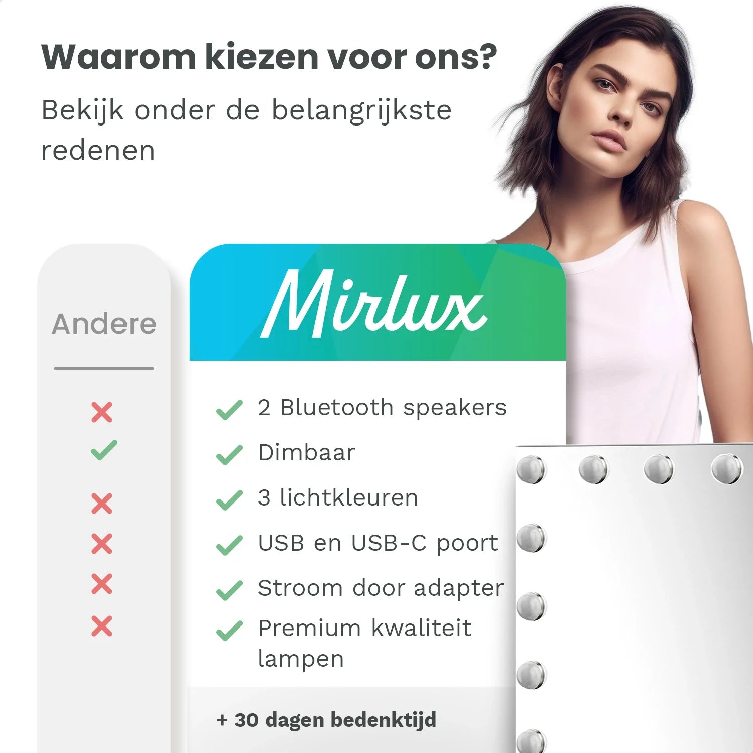 Hollywood Spiegel - 80x60cm - Wit