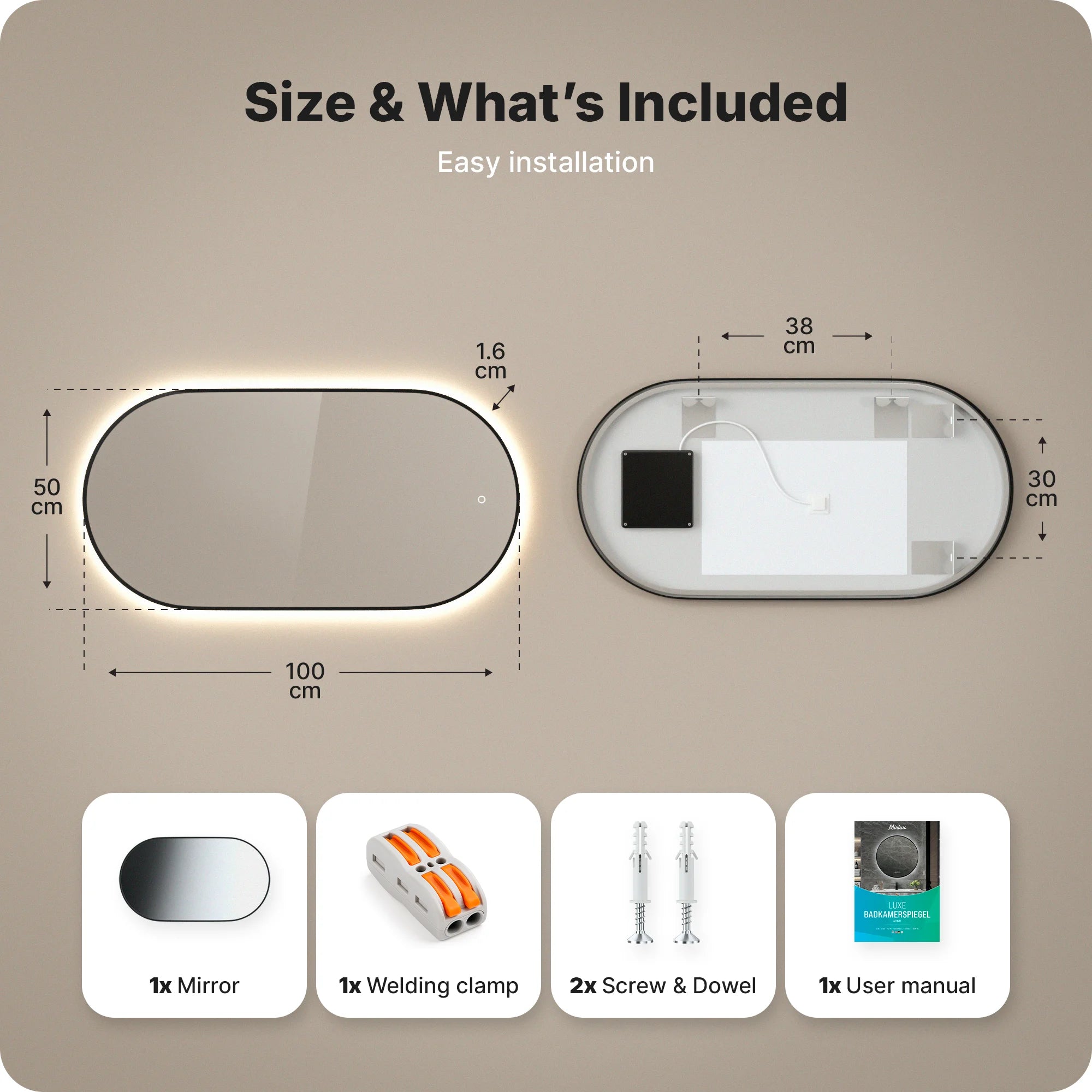 Bathroom mirror - 100x50cm Oval - Black Frame