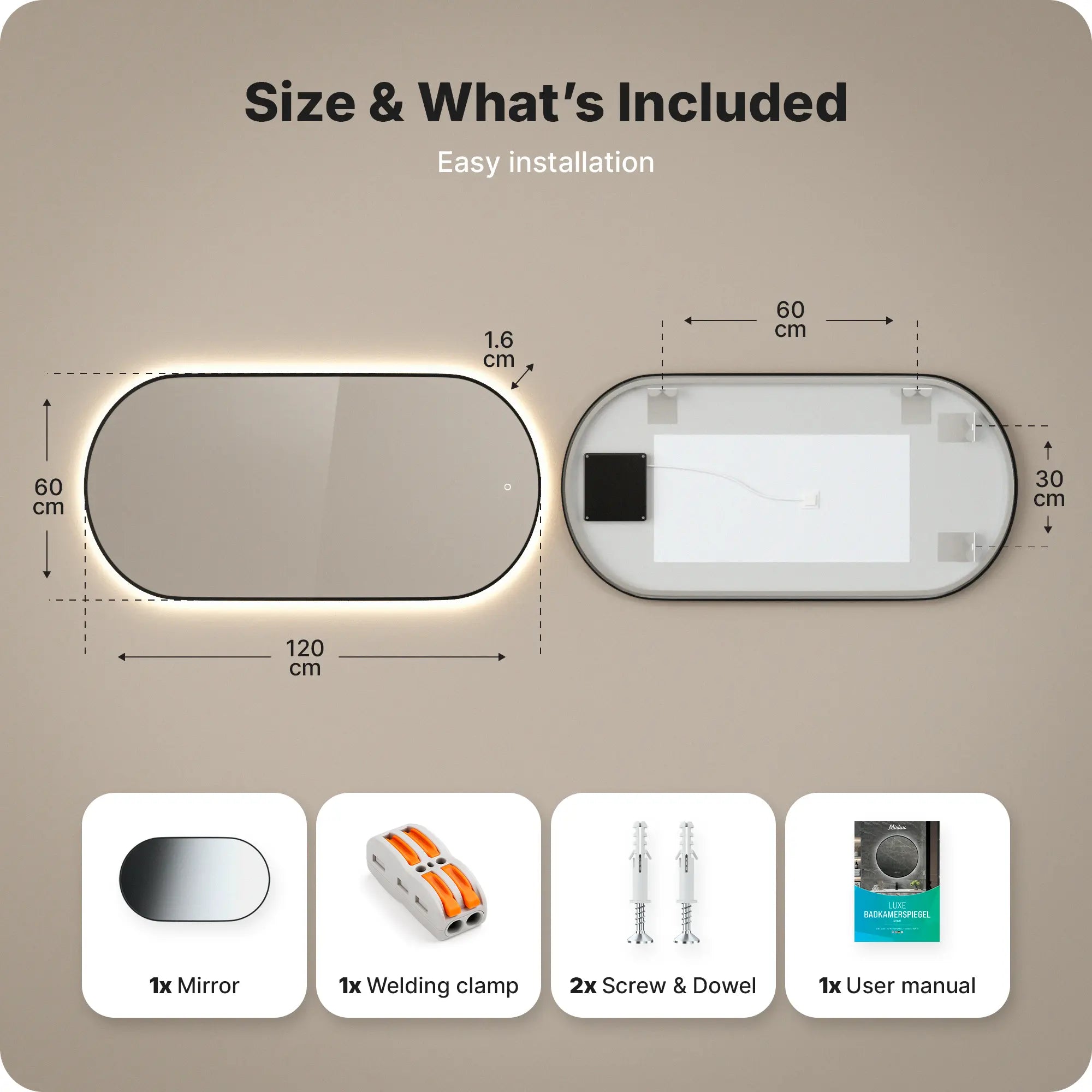 Badkamerspiegel - 120x60cm Ovaal - Zwart Frame