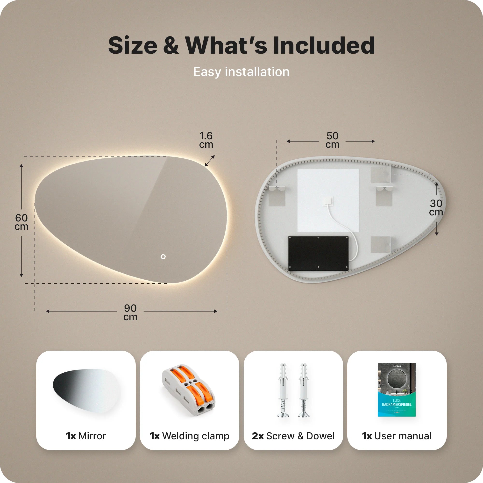 Bathroom mirror - 90x60cm Asymmetrical - Frameless