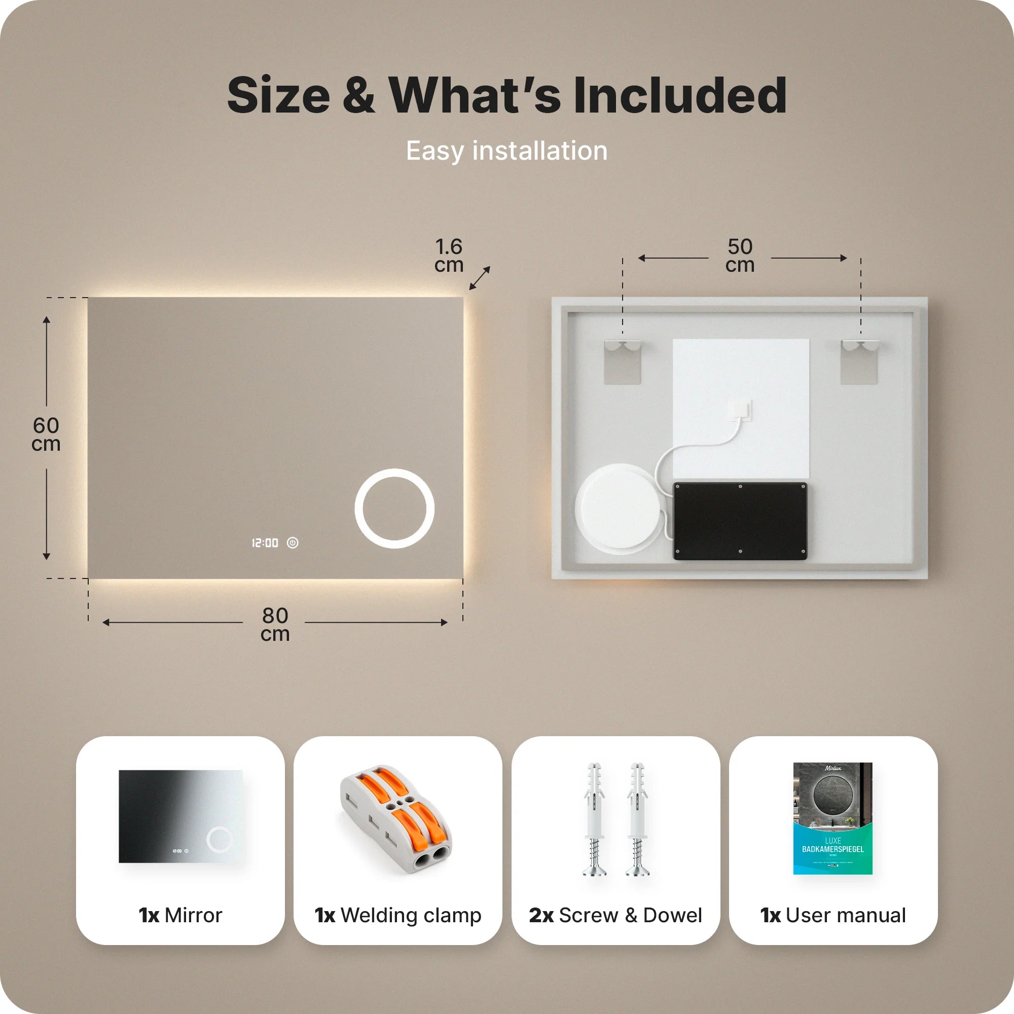 Bathroom mirror - 80x60cm - Rectangular - Frameless