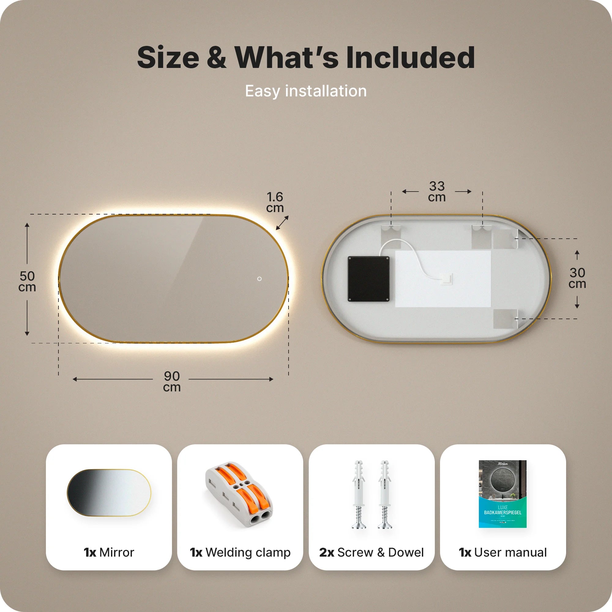 Bathroom mirror - 90x50cm Oval - Gold Frame