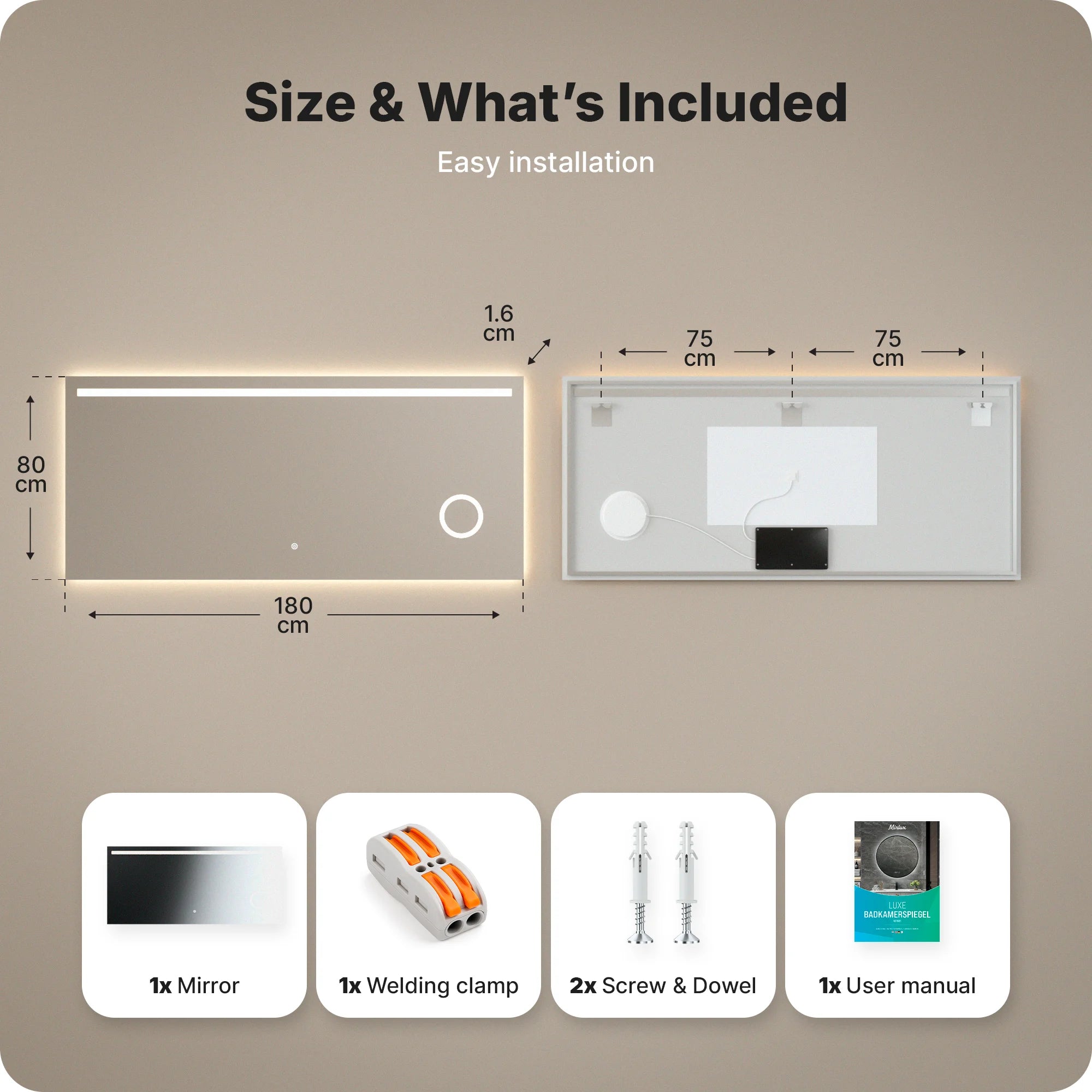Bathroom mirror - 180x80cm - Frameless