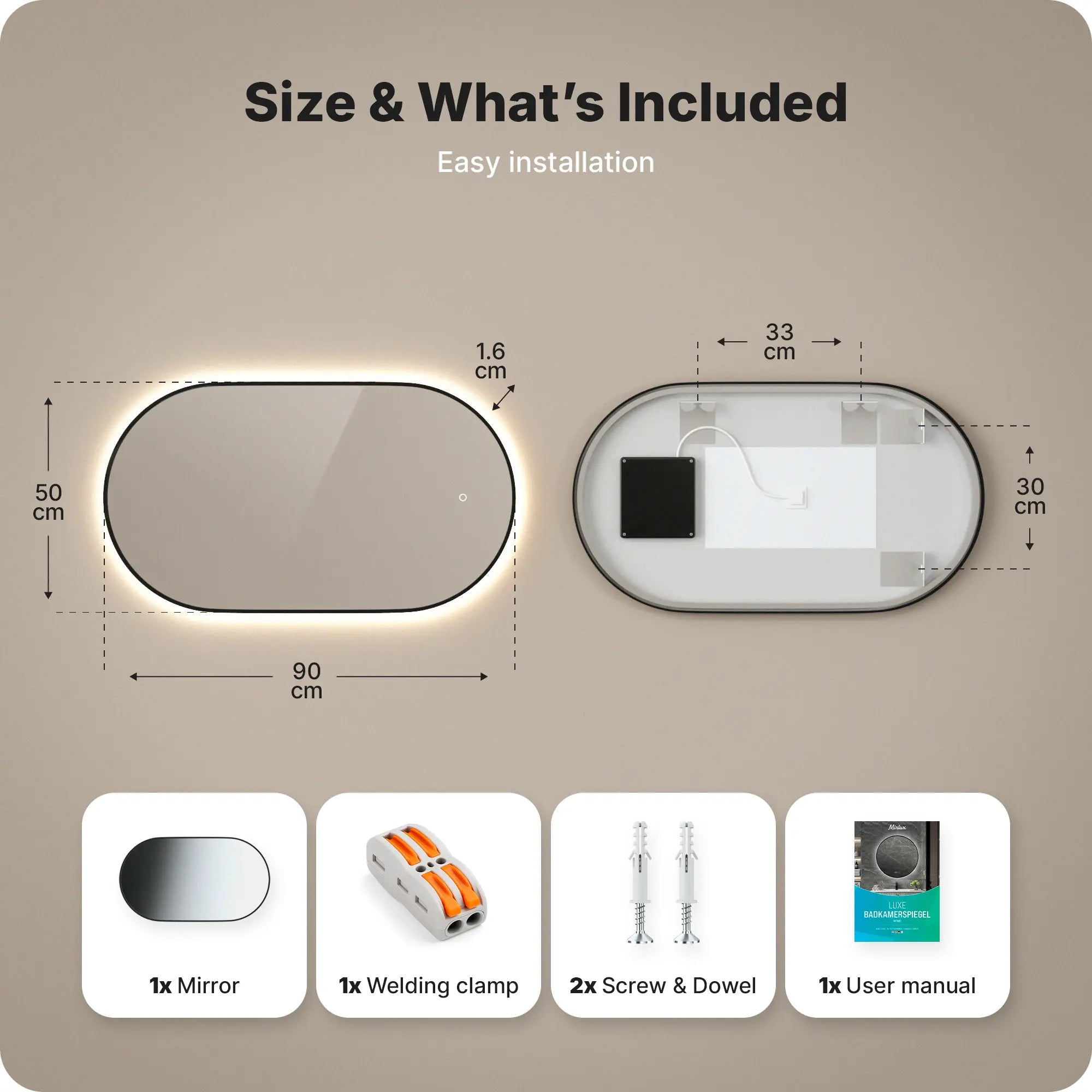 Bathroom mirror - 90x50cm Oval - Black Frame