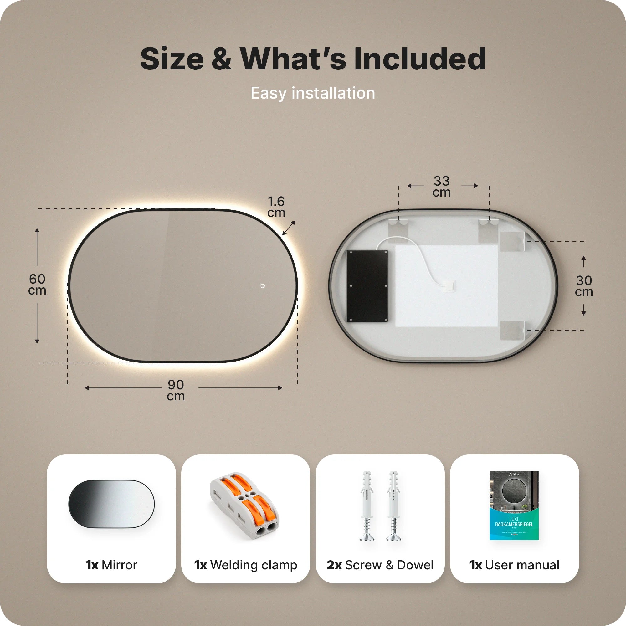 Bathroom mirror - 90x60cm Oval - Black Frame