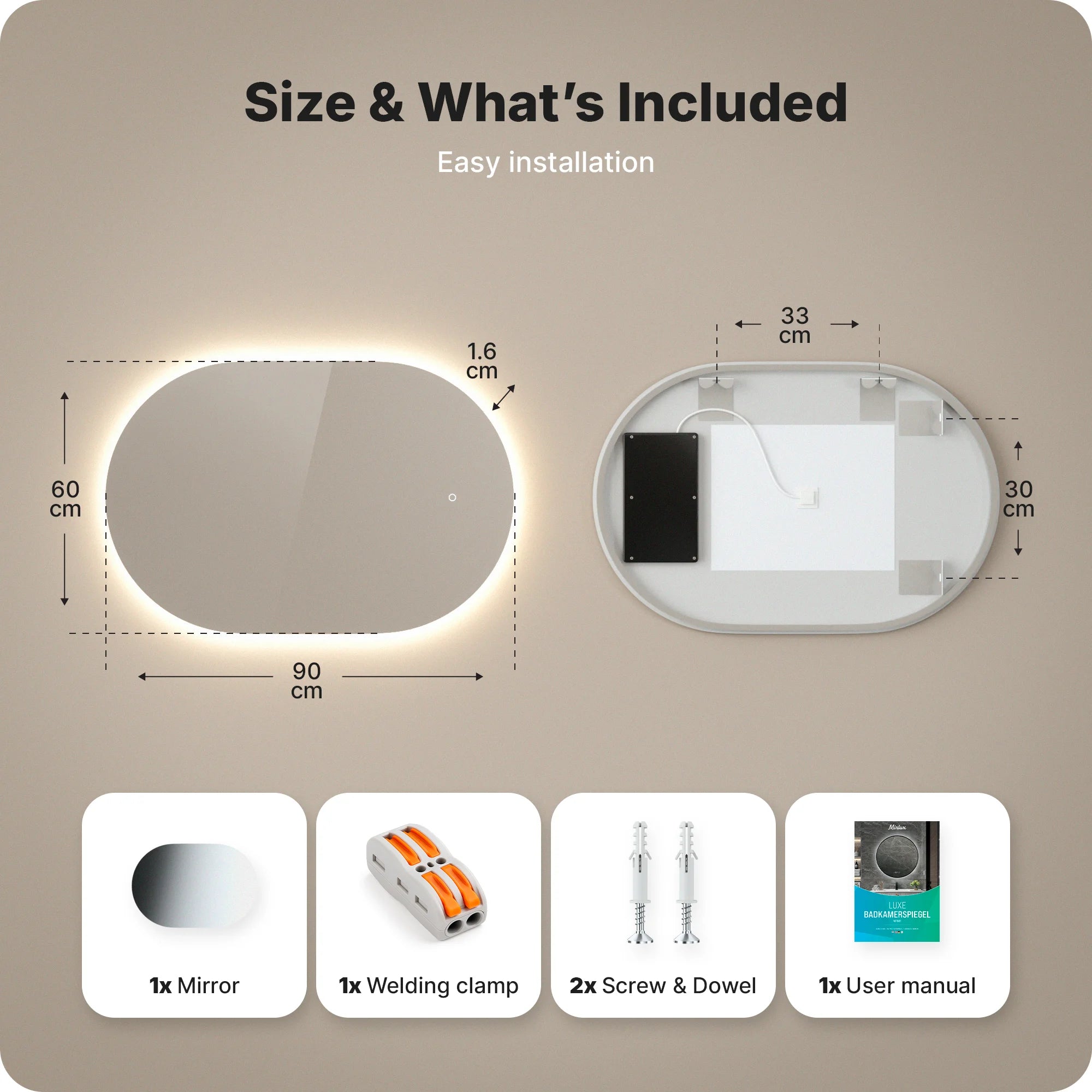 Bathroom mirror - 90x60cm Oval - Frameless