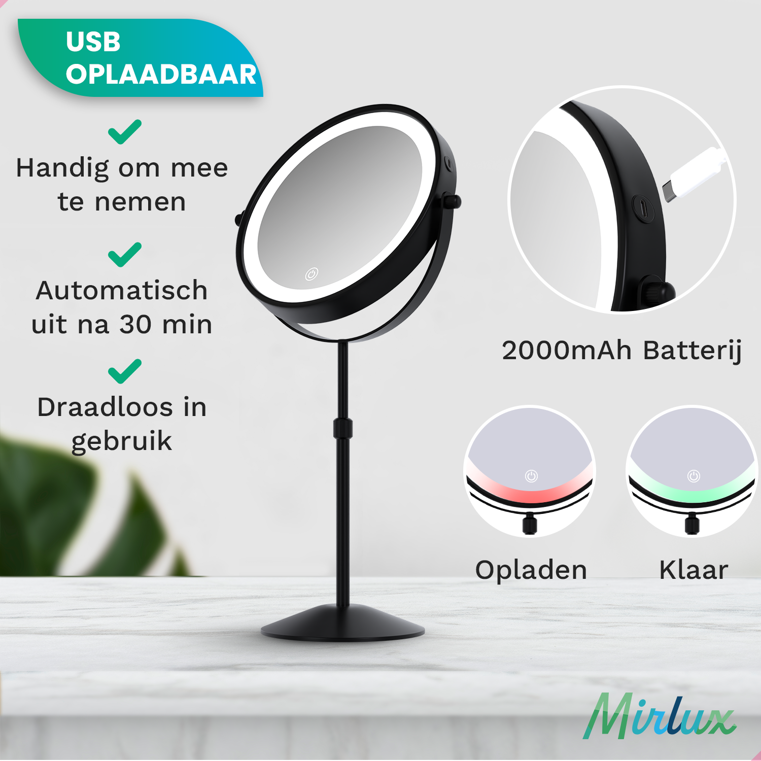 Makeup Mirror – Height Adjustable – Black – 1-10x Magnification