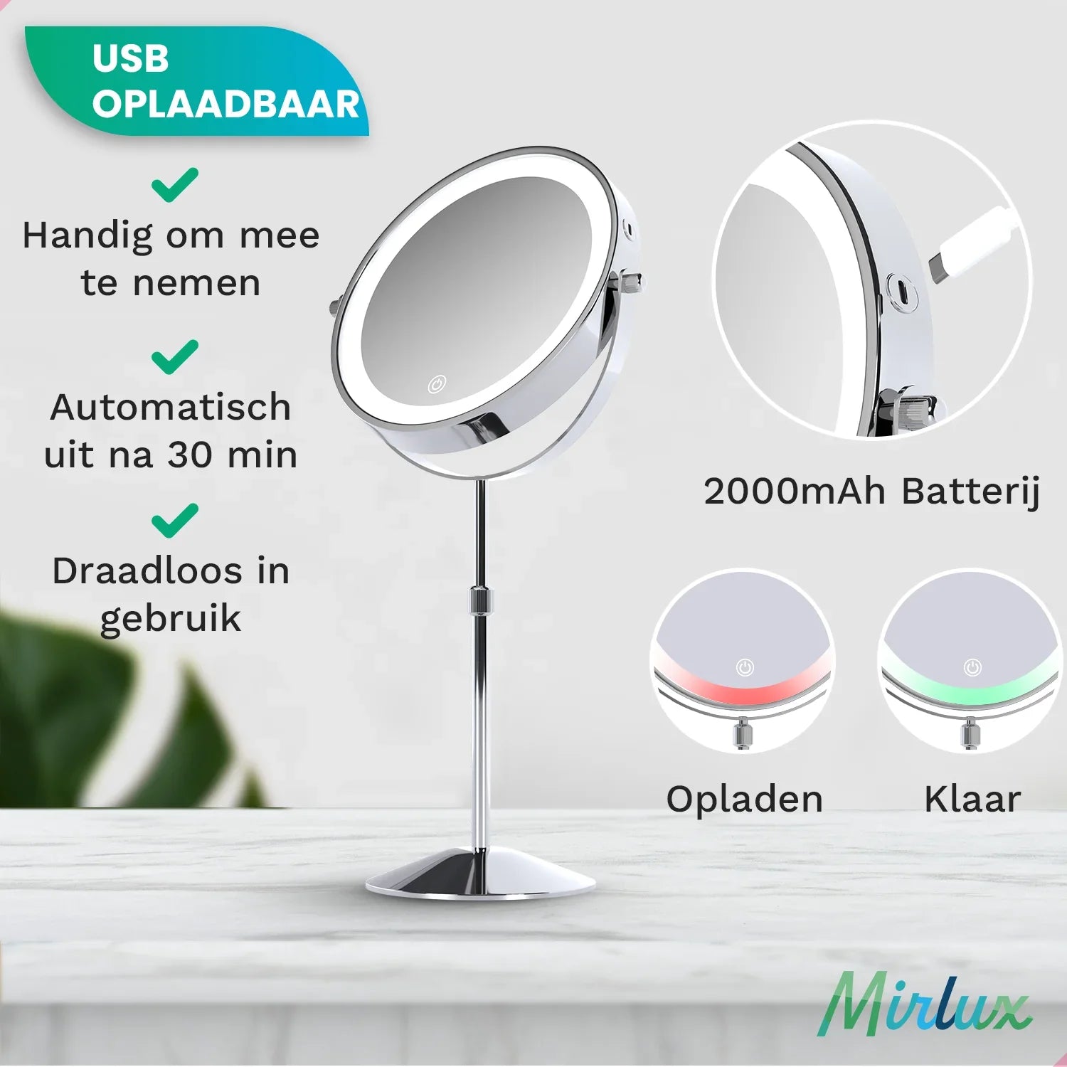 Makeup Mirror – Height Adjustable – Chrome – 1-10x Magnification