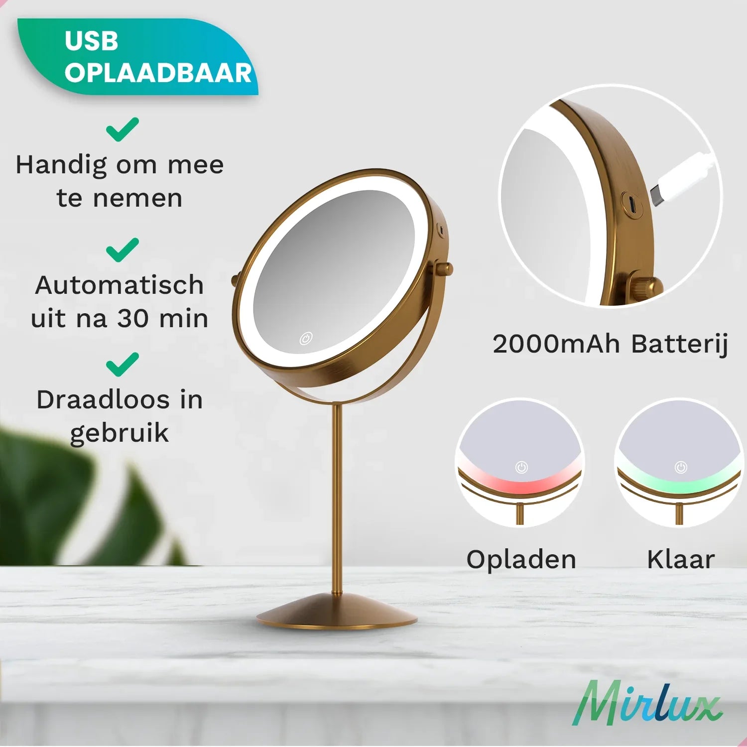 Make-Up Spiegel - Oplaadbaar - Goud - 1-10x Vergroting