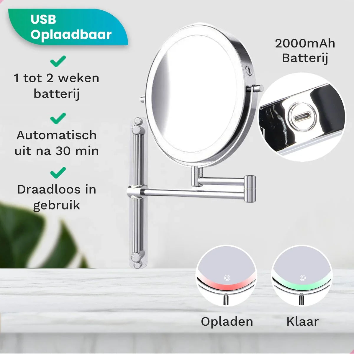 Makeup Mirror – Rechargeable – Chrome – 1-7x Magnification