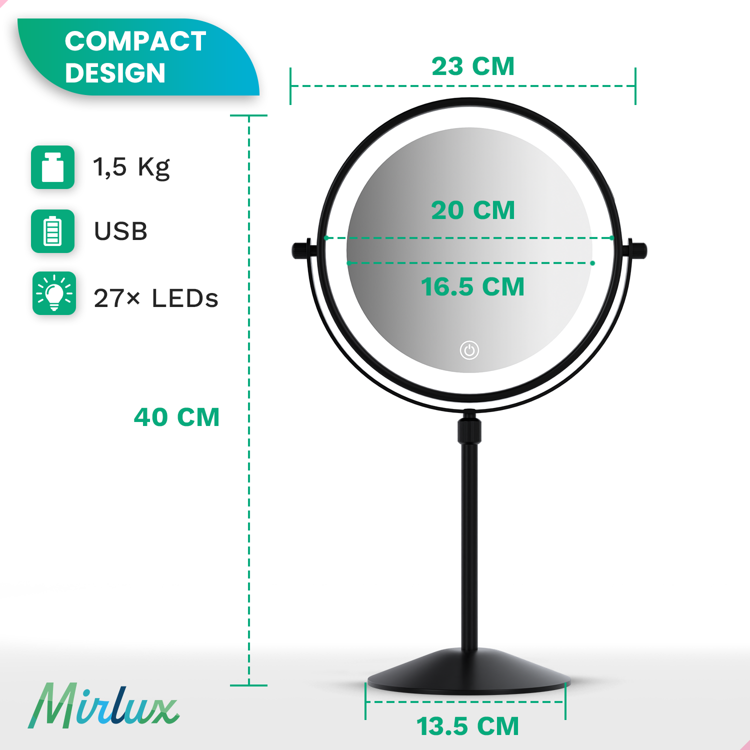 Makeup Mirror – Height Adjustable – Black – 1-10x Magnification