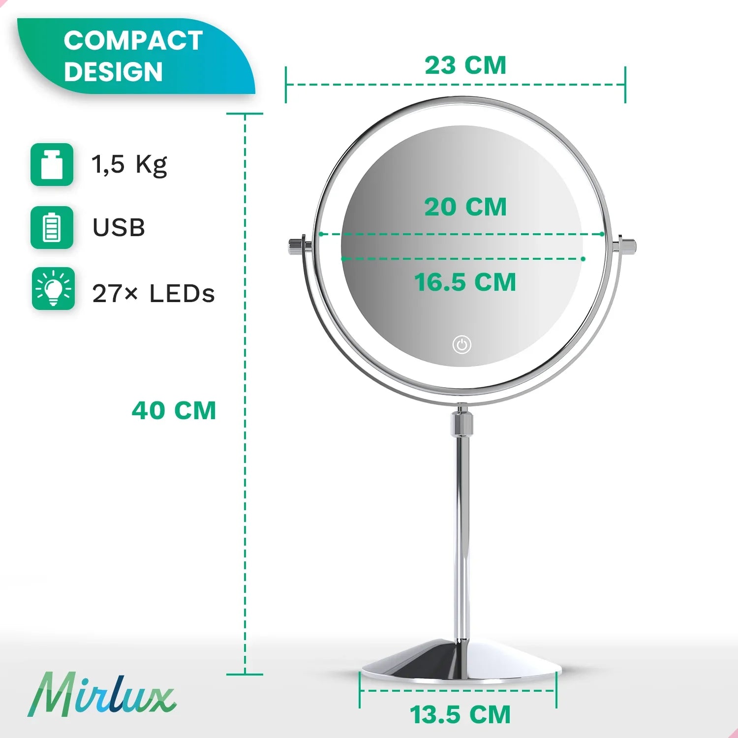 Makeup Mirror – Height Adjustable – Chrome – 1-10x Magnification