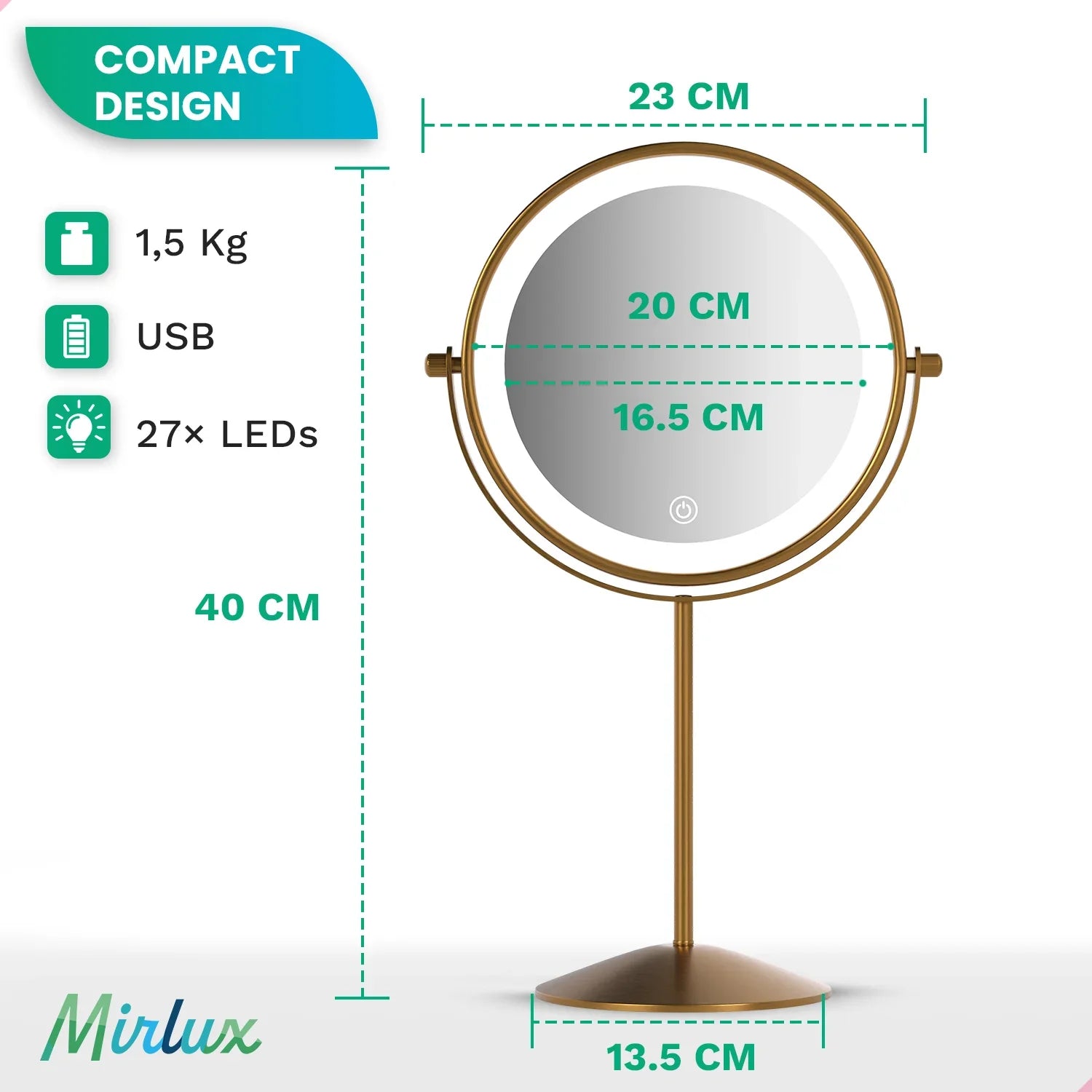 Make-Up Spiegel - Oplaadbaar - Goud - 1-10x Vergroting