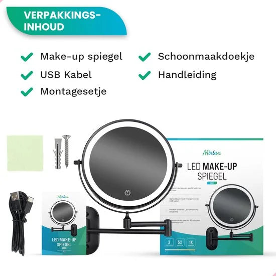 Makeup Mirror – Rechargeable – Black – 1-5x Magnification