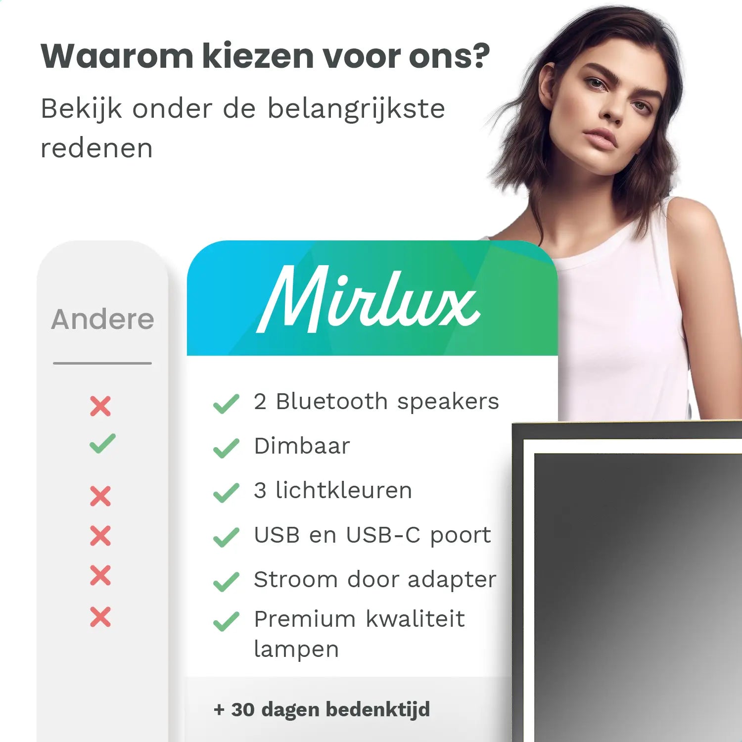 Hollywood Spiegel - Bluetooth Speakers - 80x60cm - Wit